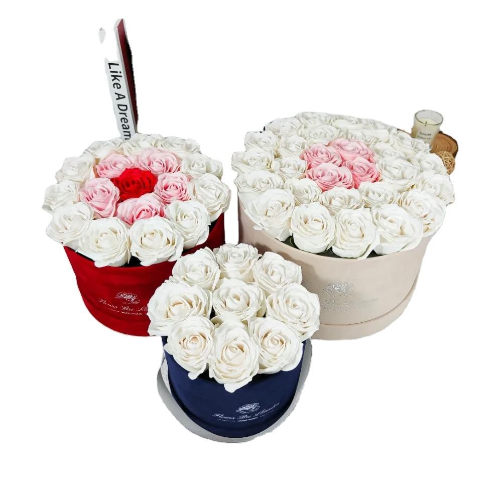 Conjunto personalizado de cajas de rosas de gamuza preservadas, cartón de embalaje para flores, caja de regalo de flores de papel de forma redonda rígida biodegradable
