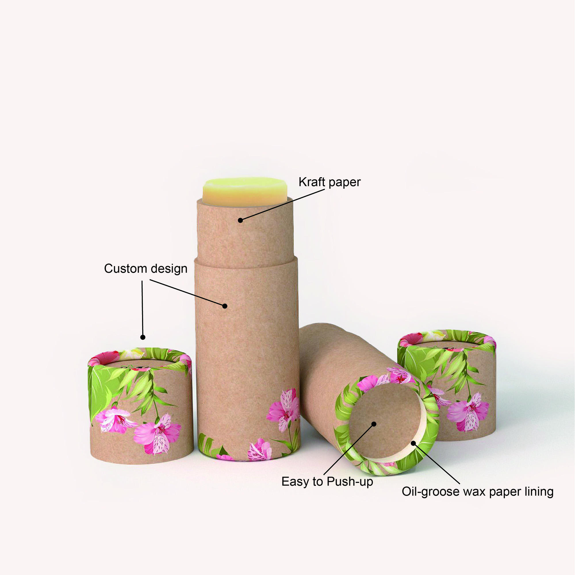 Papel empaquetado de cartón redondo cosmético personalizado respetuoso del medio ambiente del tubo empaquetado para empujar hacia arriba el protector labial desodorante