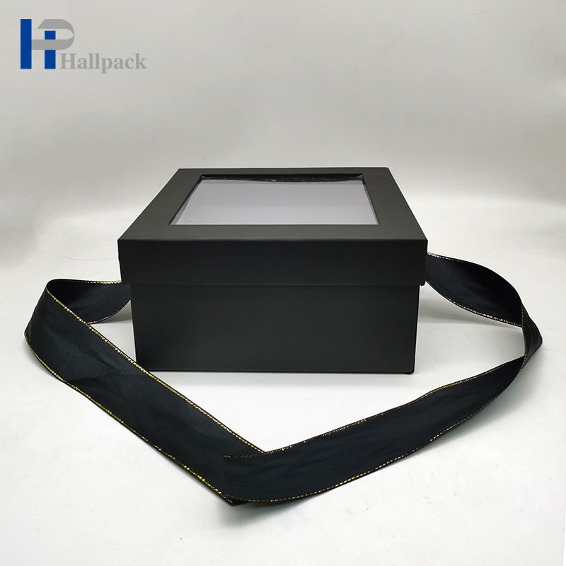 Caja de regalo de papel de ropa negra de lujo de cartulina con tapa transparente para mascotas