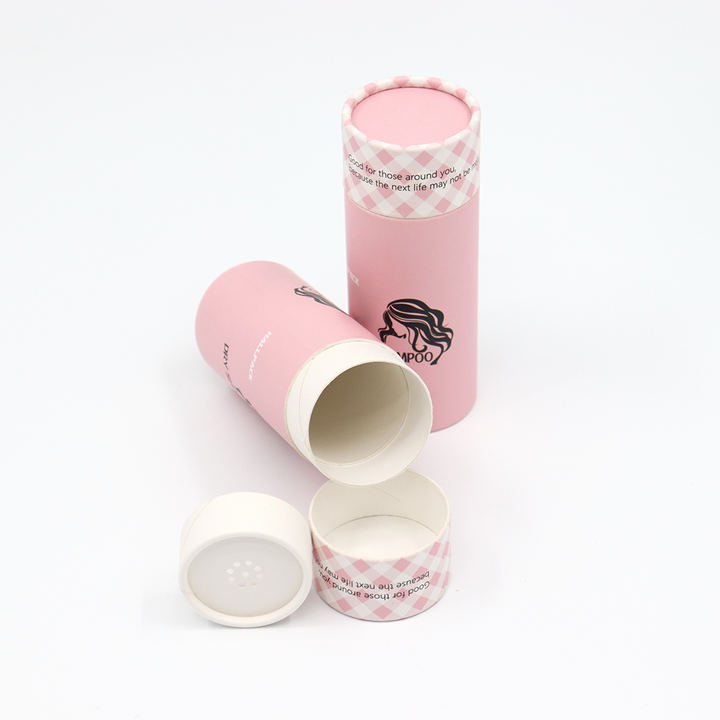 Paquete de caja de tubo redondo cosmético personalizado de alta calidad, empaquetado en cartón con tamiz para champú seco en polvo suelto