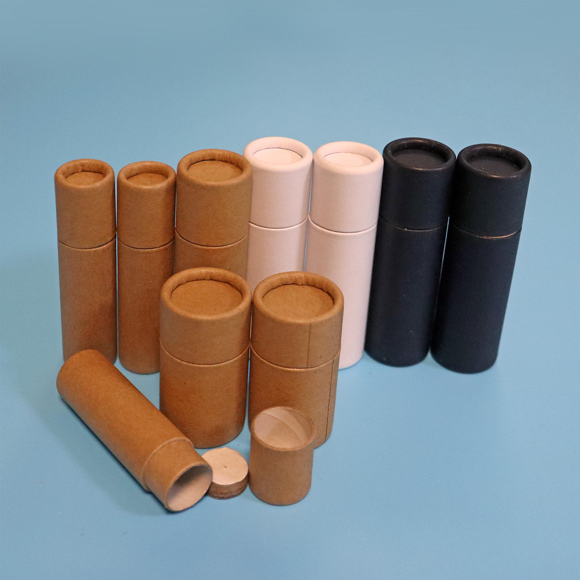 Envase de tubo de papel Kraft ecológico de 0,3 oz, envase de cosméticos, barra de loción de forma redonda, lápiz labial