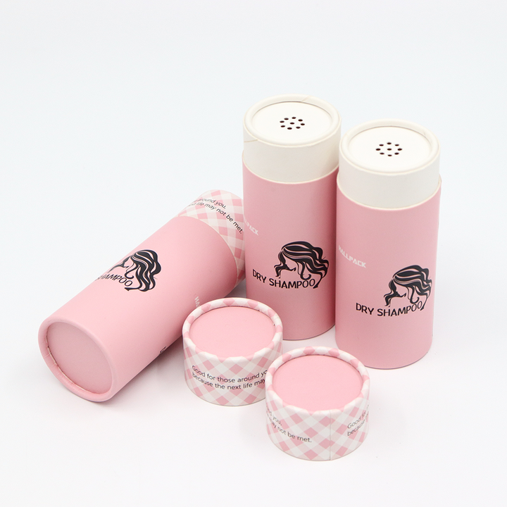 Paquete de caja de tubo redondo cosmético personalizado de alta calidad, empaquetado en cartón con tamiz para champú seco en polvo suelto