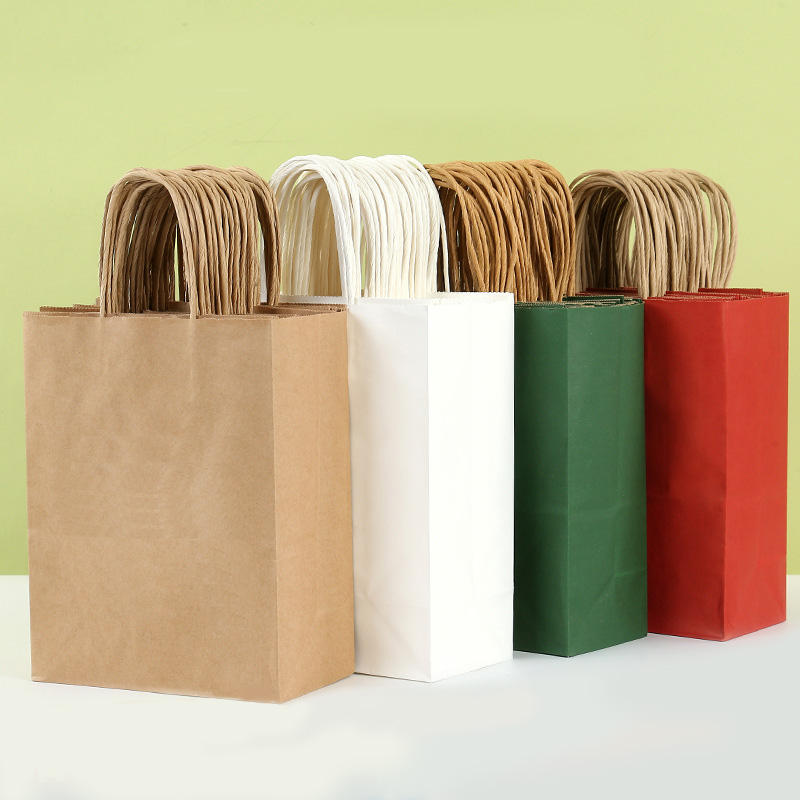Bolsa con asa de transporte de papel Kraft reciclable RTS de fábrica blanca de 210x150x80mm, asas retorcidas, papel marrón biodegradable
