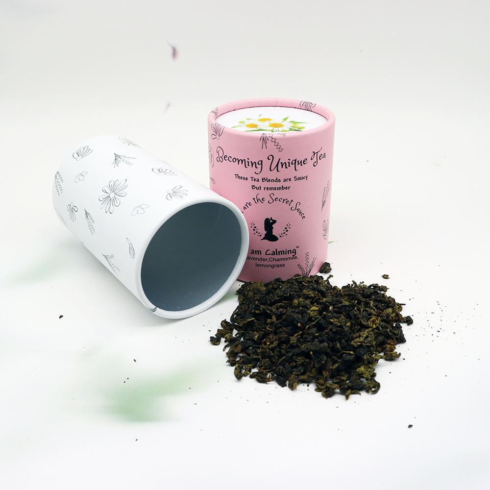 Impresión personalizada de alta calidad, papel biodegradable para alimentos, cartón, bolsas de bote de té Premium, paquete de caja de tubo para paquete de té suelto