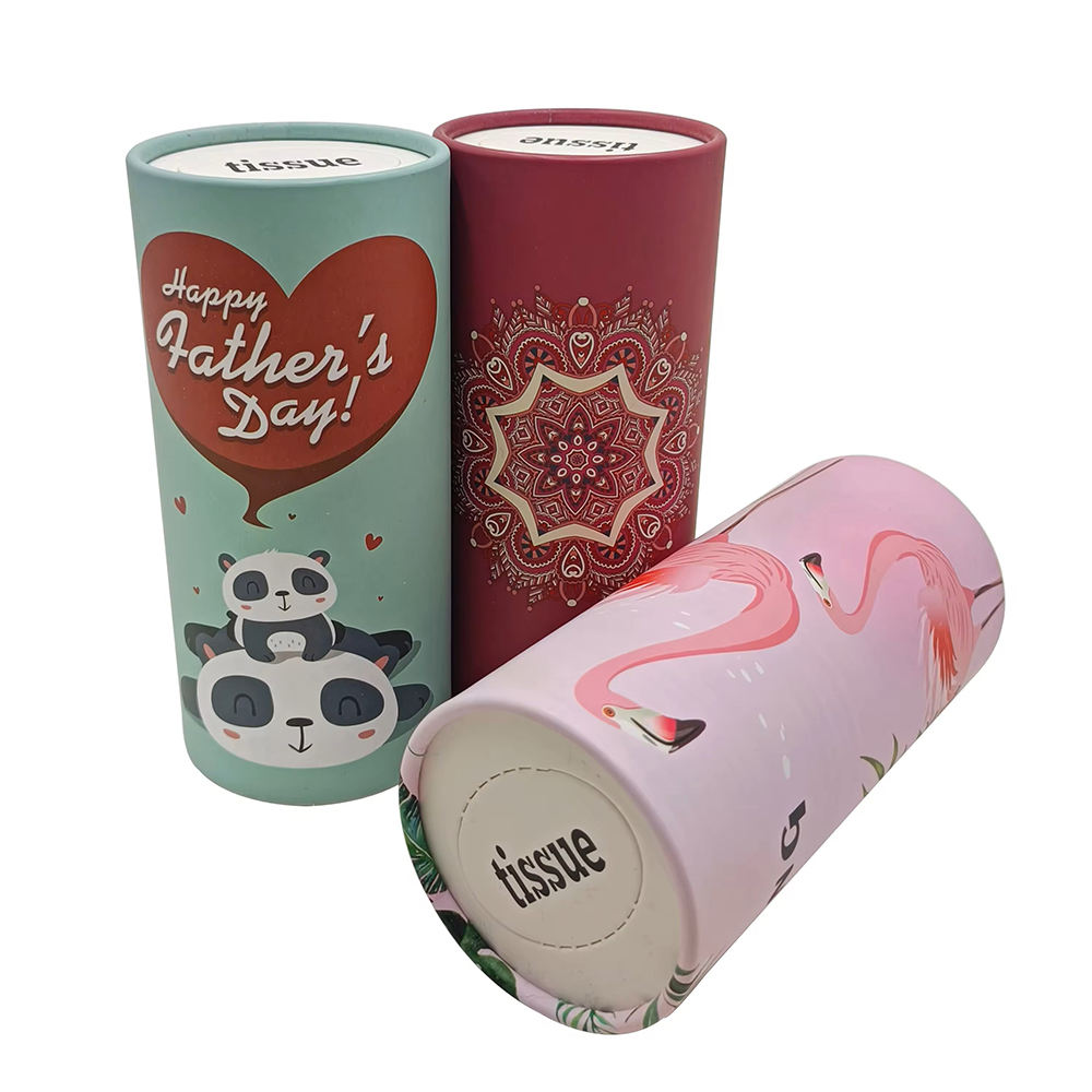 Embalaje de pañuelos faciales portátiles personalizados de alta calidad, caja cilíndrica de cartón, embalaje de tubo de papel para pañuelos de coche