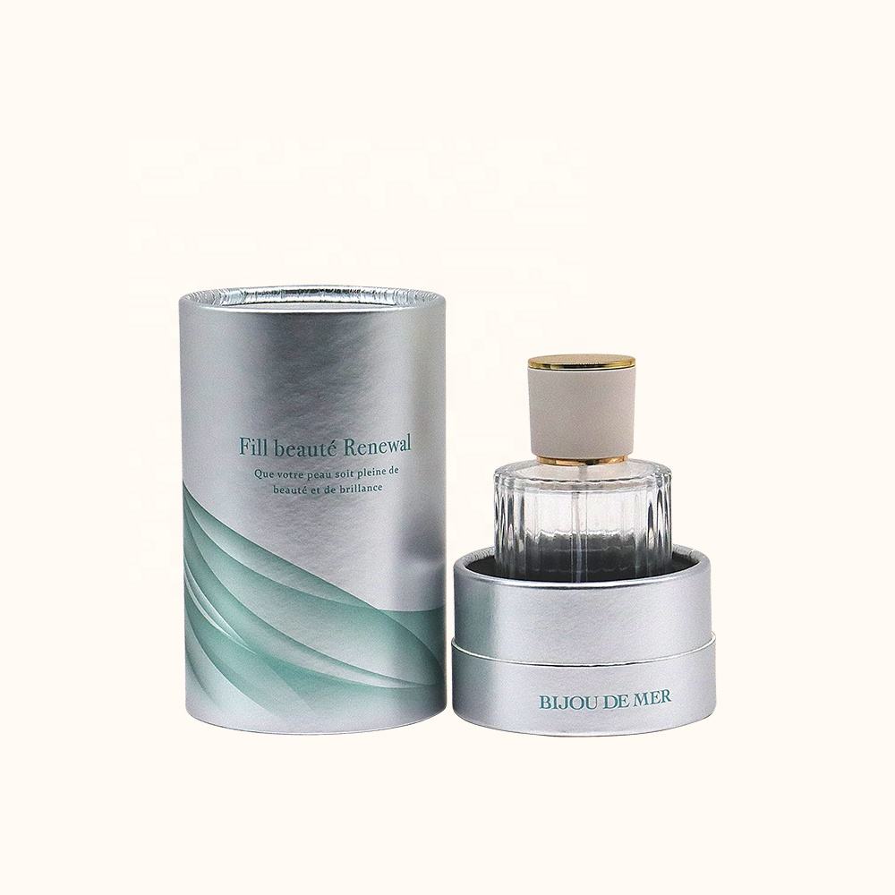 Caja cilíndrica de cartón cosmético biodegradable de lujo personalizada que desaparece, manejo de impresión, embalaje de tubo de papel para botella de perfume