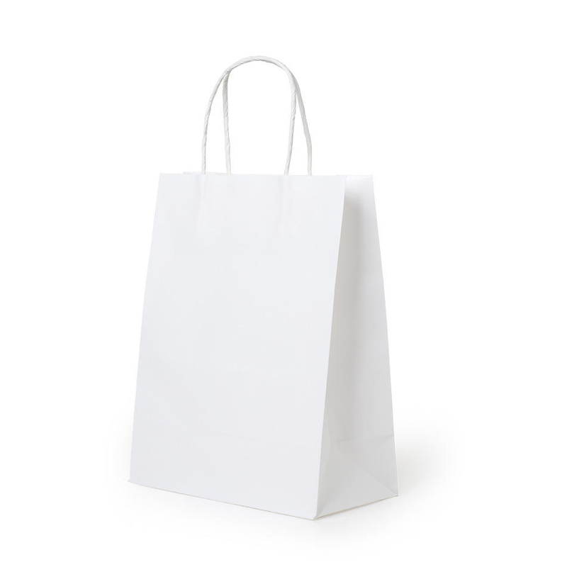 Bolsa con asa de transporte de papel Kraft reciclable RTS de fábrica blanca de 210x150x80mm, asas retorcidas, papel marrón biodegradable