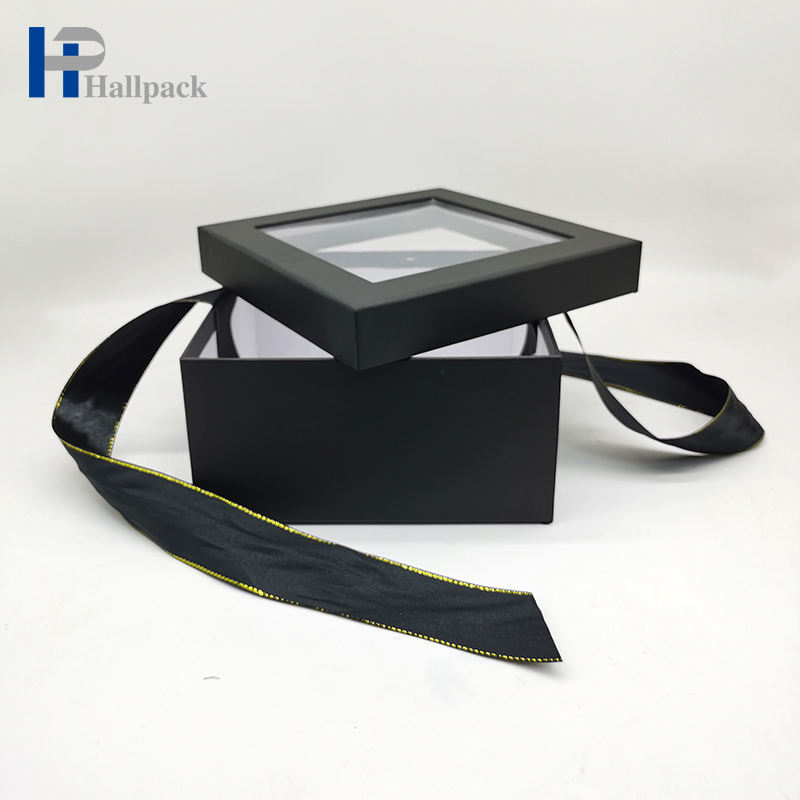Caja de regalo de papel de ropa negra de lujo de cartulina con tapa transparente para mascotas