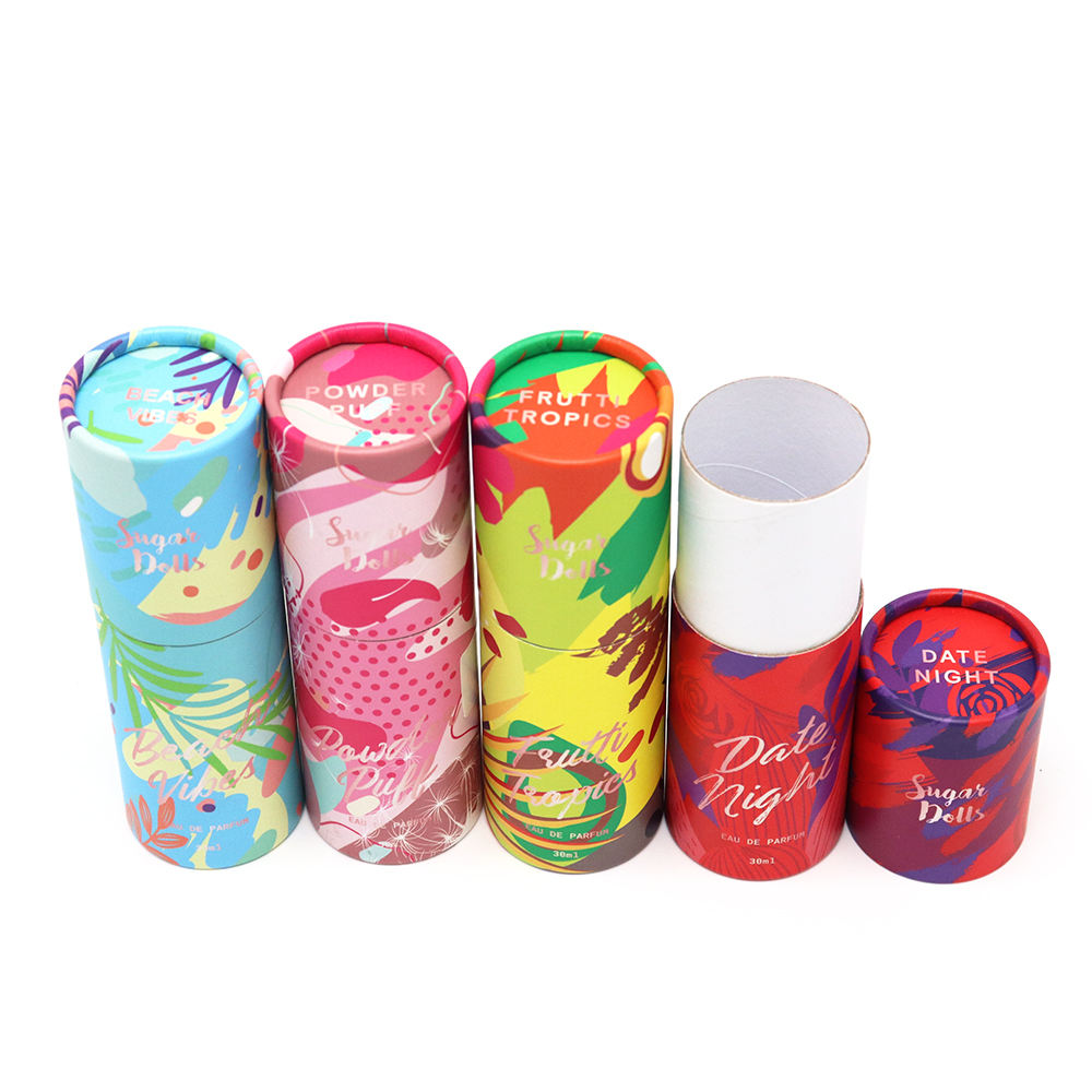Paquete de caja de tubo redondo empaquetado en cartón cosmético personalizado de alta calidad para botella de perfume de aceite esencial