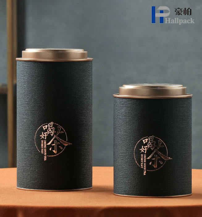 Botes de té hechos de papel especiales de stock negro de 125 g con tapas de hierro