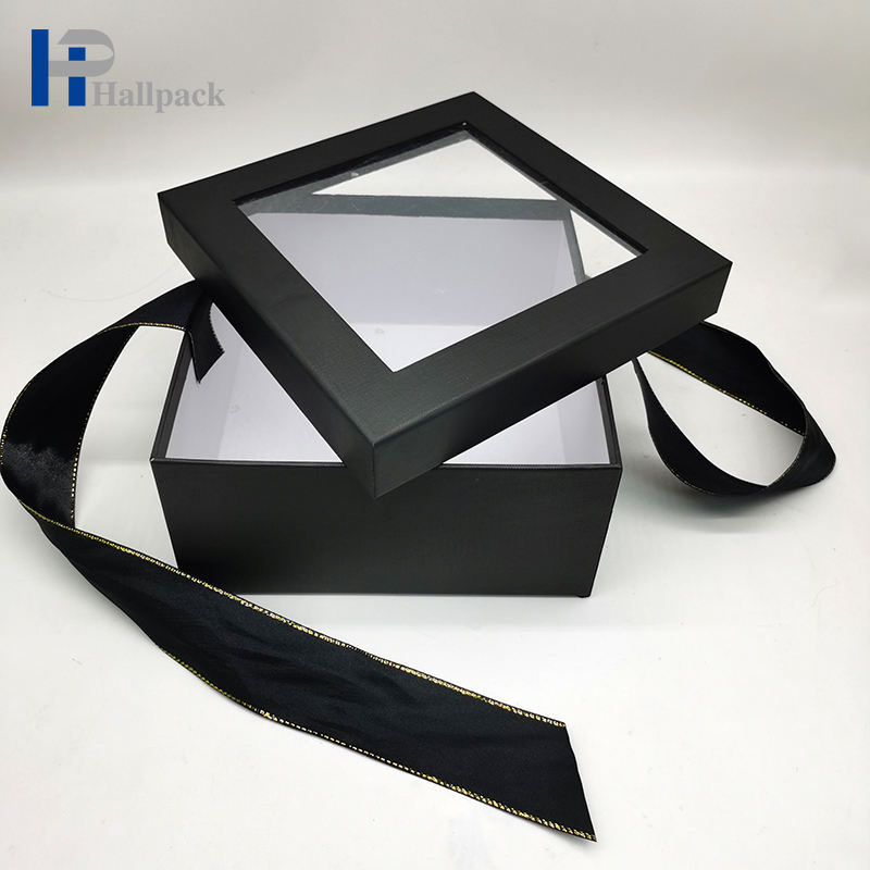 Caja de regalo de papel de ropa negra de lujo de cartulina con tapa transparente para mascotas
