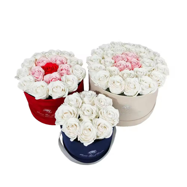 Conjunto de cajas de rosas de ante conservadas, cartón de embalaje para flores, papel rígido biodegradable personalizado de forma redonda
